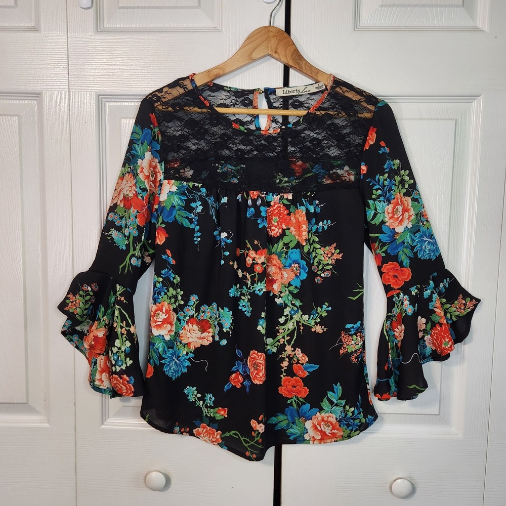 Liberty Love Black Floral Lace Yoke Tiered Bell Sleeve Blouse Small Boho Top
